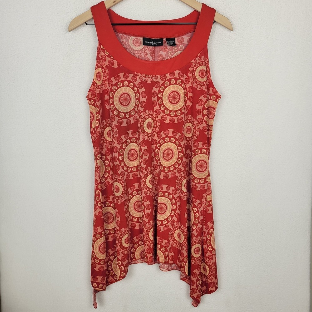 Jennifer Lauren Sleeveless Tunic Top L Red Geometric Handkerchief Hem Stretch